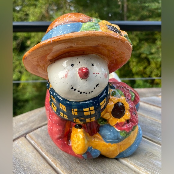 Vintage 90s Ceramic Girl Christmas - Autumn Snowman Planter With Handle - Picture 4 of 9